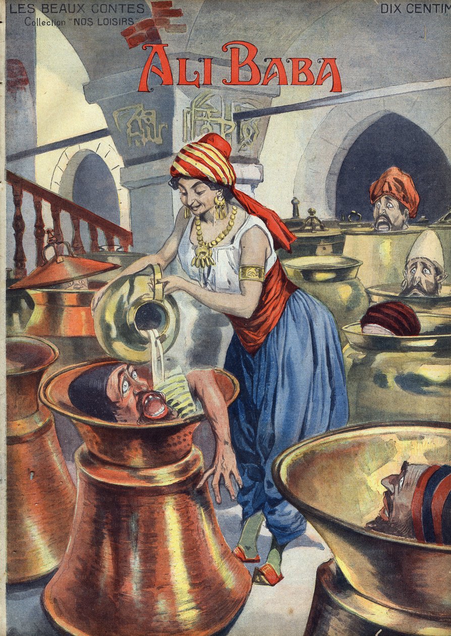 Ali Baba (og de førti tyvene). Populær fortelling om 1001 netter eller tusen og én natt). Illustrasjon av Vaccari og Carrey i "" Les beaux tales"" samling "" Nos loisirs""" rundt 1910. Privat samling. av Alfredo and Carrey Vaccari