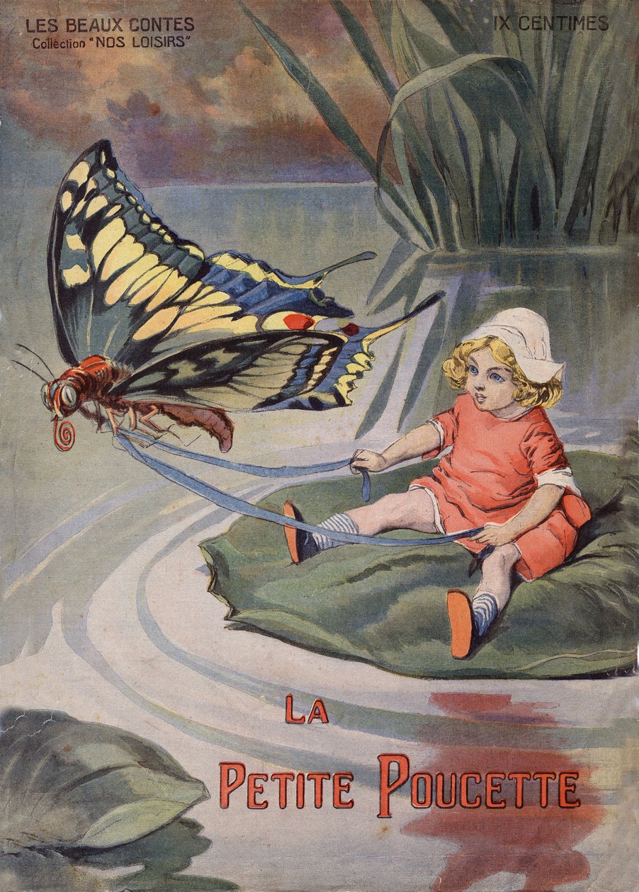 Den lille tommelen. En bitteliten jente som sitter på en vannlilje trekker etter en sommerfugl. Fortelling av Hans Christian Andersen (1805-1875). Illustrasjon av Vaccari og Carrey i "" Les beaux tales"" samling "" Nos loisirs""" rundt 1910. Privat samling av Alfredo and Carrey Vaccari