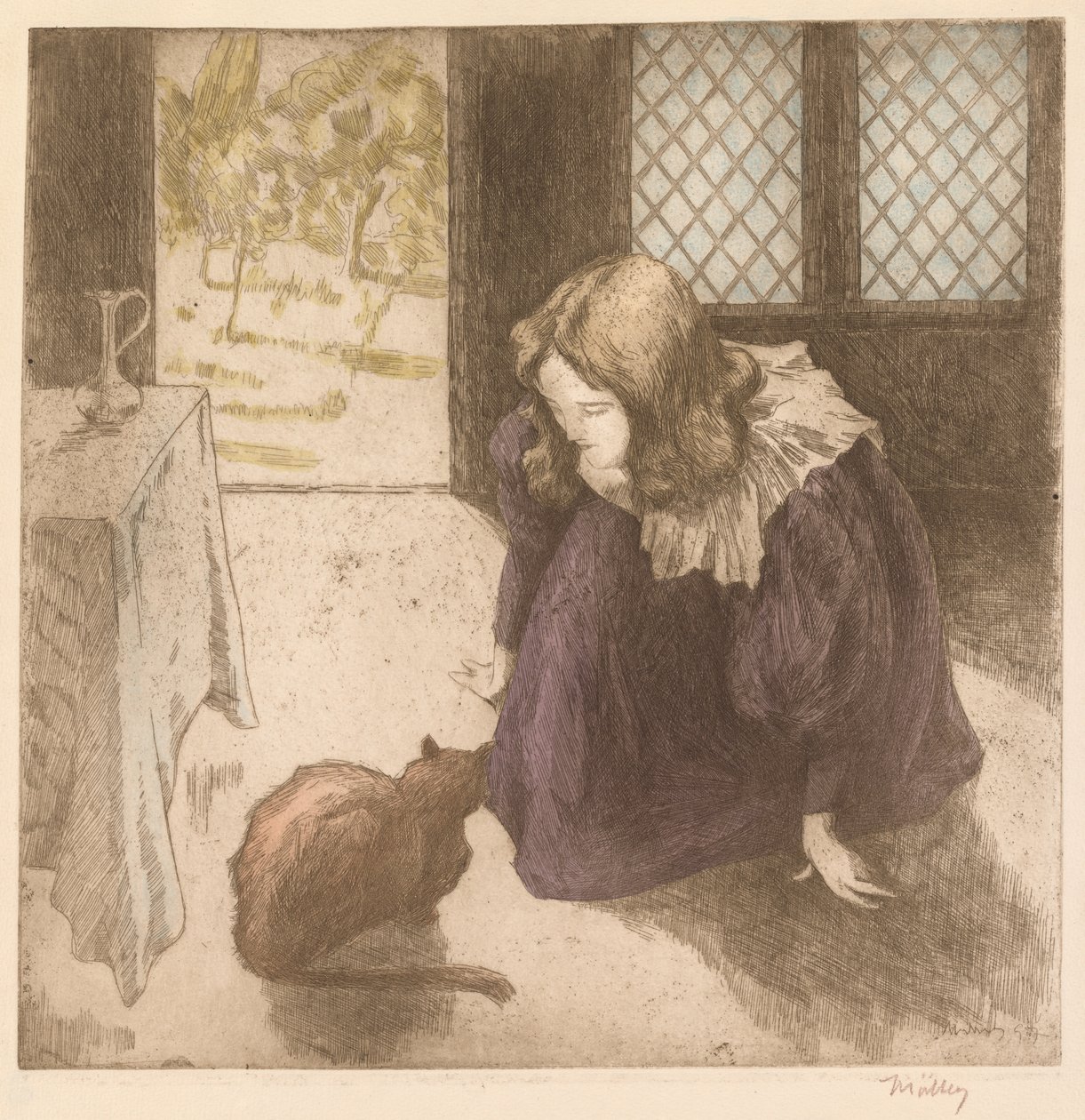 Interiør, liten jente med katt (La Petite fille au chat) av Alfredo Müller