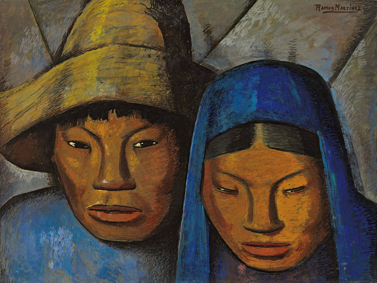 Paret i blått; La pareja en azul, ca. 1930 (olje om bord) av Alfredo Ramos Martinez