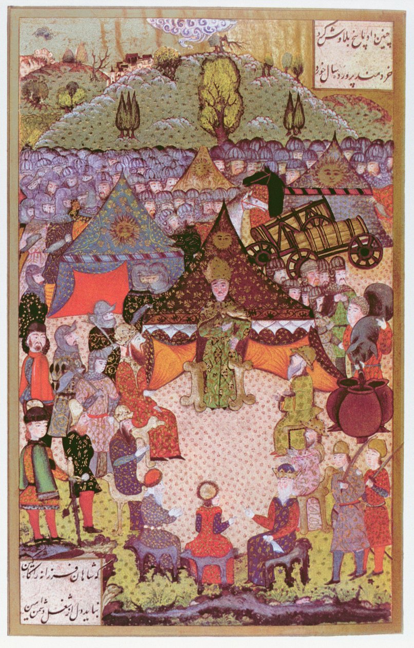 Kongen av Ungarn, Lajos II (1506-26) i råd før slaget ved Mohacs i 1526, 1558 (blekk og bladgull på vellum) av Ali Amir Beg