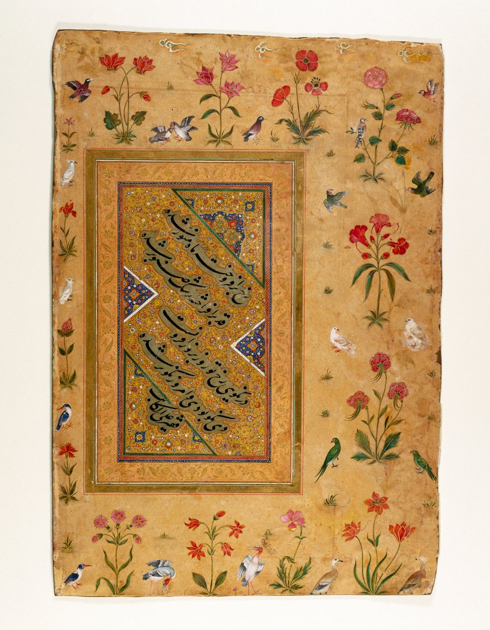 Prøve av persisk kalligrafi fra et Mughal-album (blekk, ugjennomsiktig wc og gull på papir) av Ali Haravi