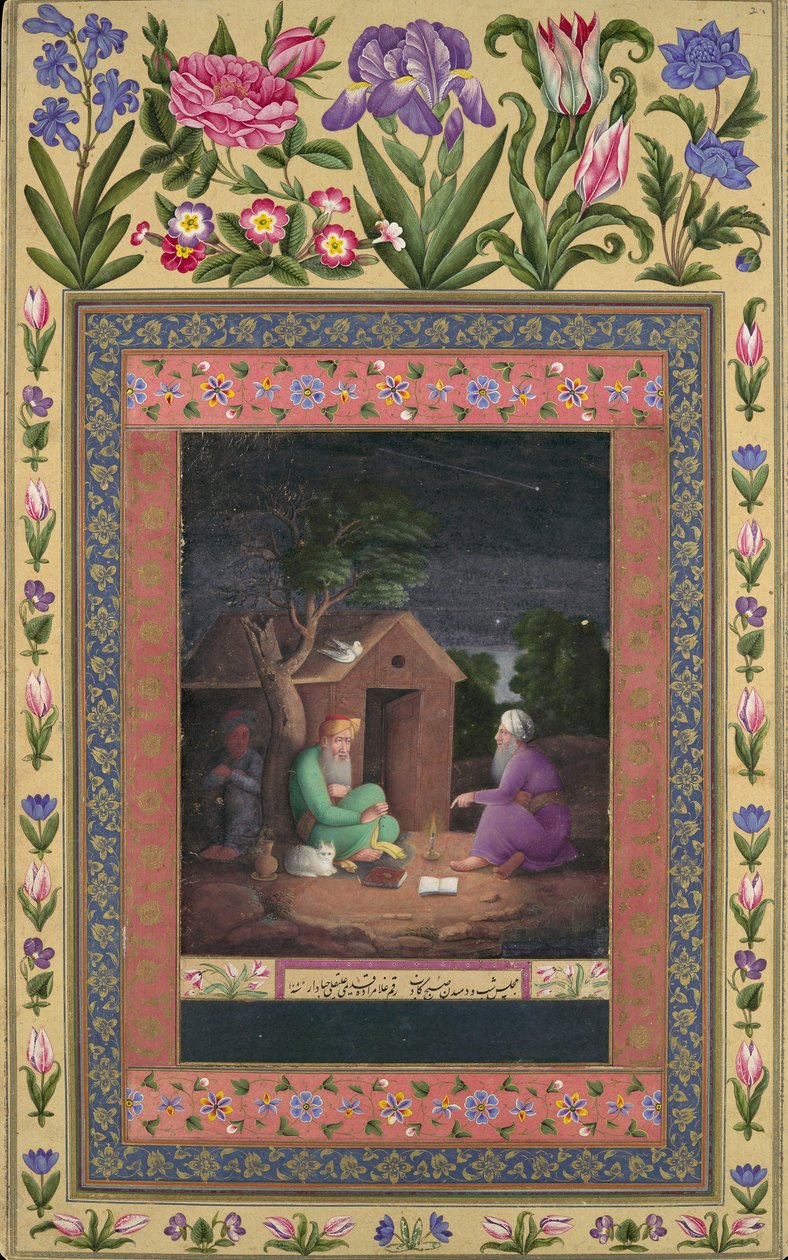 Two Old Men in Discussion Outside a Hut, Folio fra Davis Album, A.H.1085A.D.1674-75. av Ali Quli Jabbadar