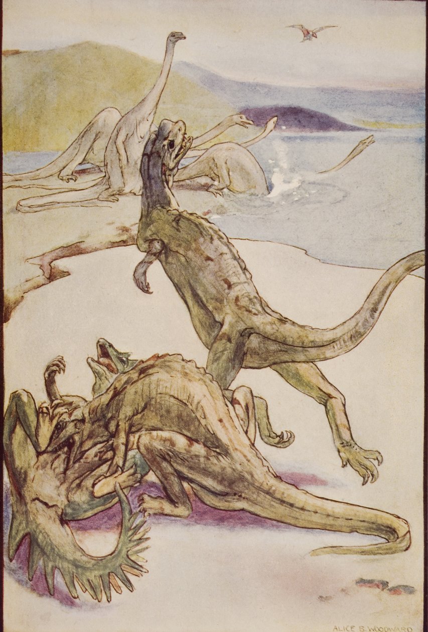 En mesozoisk scene som viser Deinotheria, illustrasjon fra 'The Outline of History' av HG Wells, bind I, utgitt i 1920 (farge litho) av Alice Bolingbroke (after) Woodward
