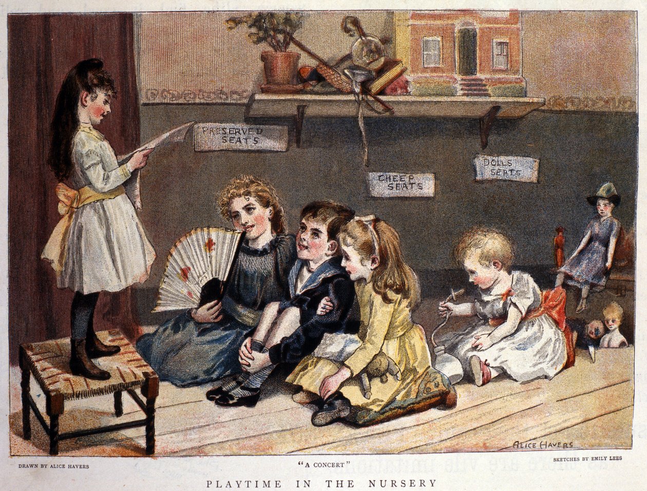 Barneleker: “” konserten””” En liten jente synger foran et publikum av barn og leker. Tegning av Alice Havers. 1877 av Alice Havers