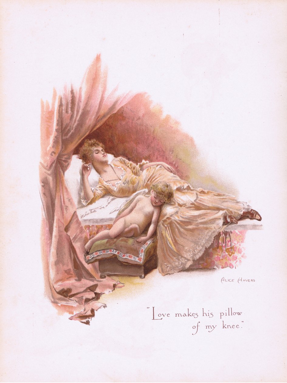 Kjærlighet gjør puten til kneet mitt, fra Noen gamle kjærlighetssanger utgitt av Hildesheimer & Faulkner, 1892 av Alice Havers