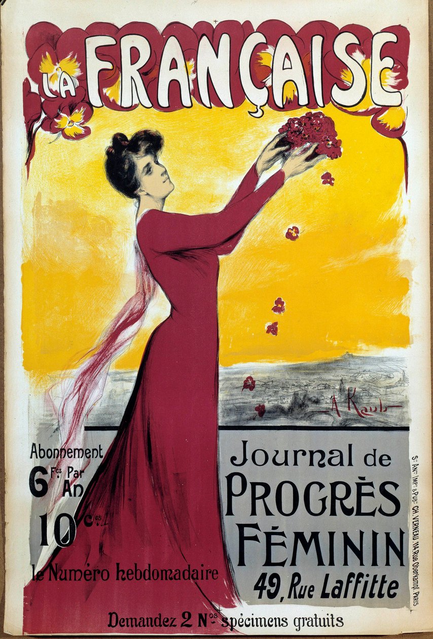 Plakat av "La francaise", tidsskrift for kvinners fremgang. Ring for abonnement. Illustrasjon av Alice Kub-Casalonga (1875-1948) 1927 Paris, Museum of the Two World Wars. Rettigheter forbeholdt. av Alice Kaub Casalonga