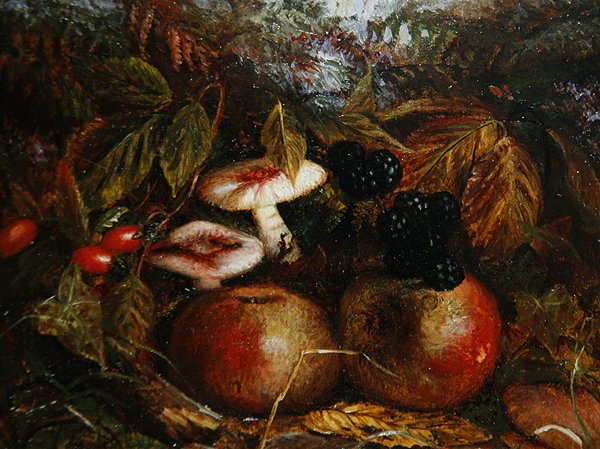 Stilleben med sopp, epler og bjørnebær av Alice M Wilson