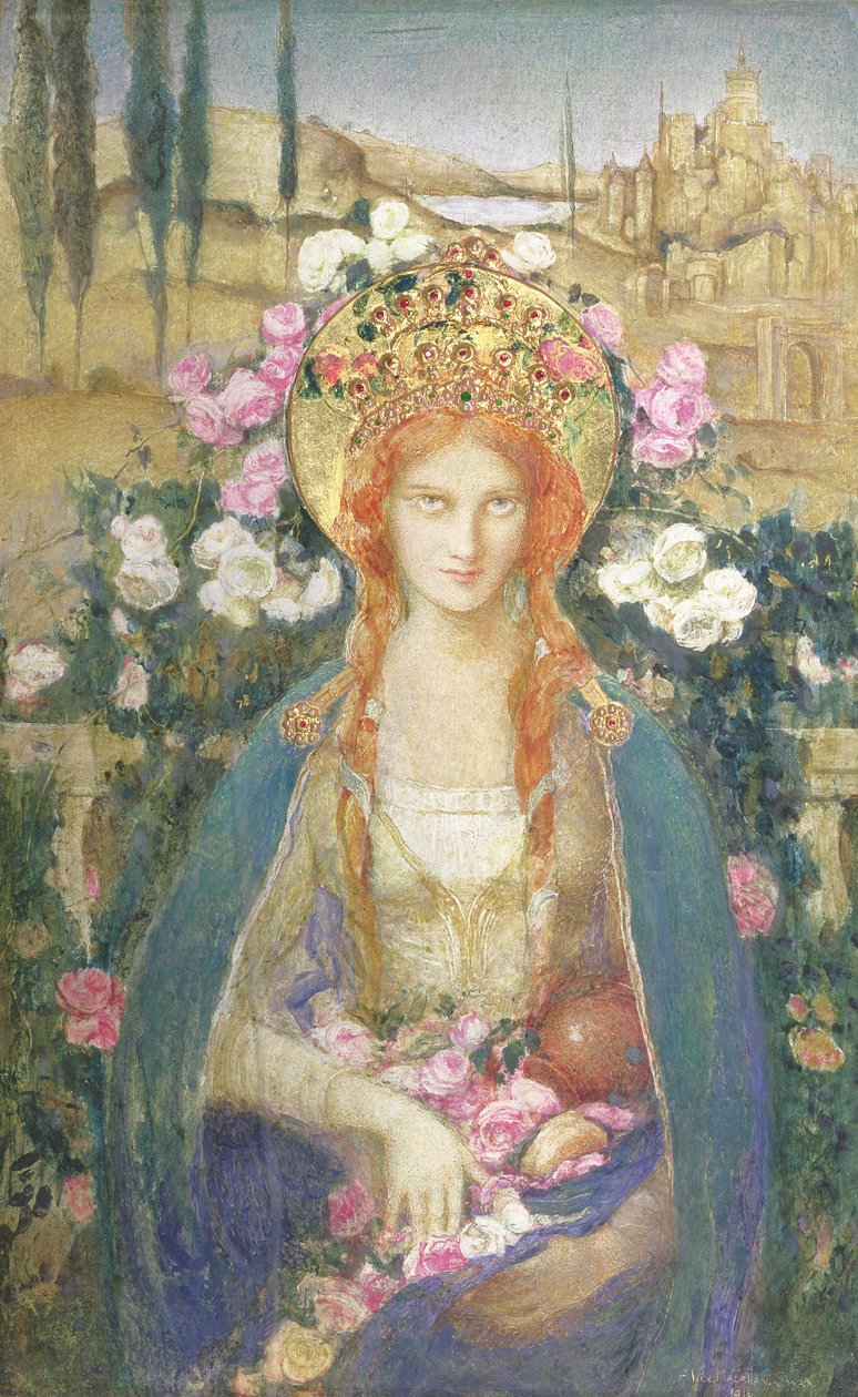 St. Elizabeth av Ungarn, 1916 (tempera på papir lagt ned om bord med bladgull innsatt med halvedelstener på diadem-relieff) av Alice Macallan Swan