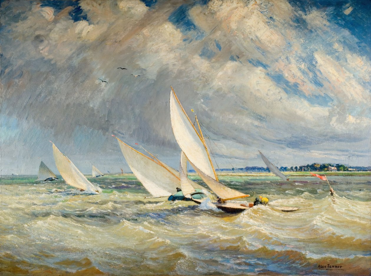 Yachts Racing In Bad Weather - Burnham-On-Crouch, 1919.    1191581   no       norwegian Successfully Translated  Original: Finding of Moses with an Elegant Couple, Servant and Hunter (oil on wood) Translat: Finding of Moses with an Elegant Couple, Servant  av Alice Maud Fanner