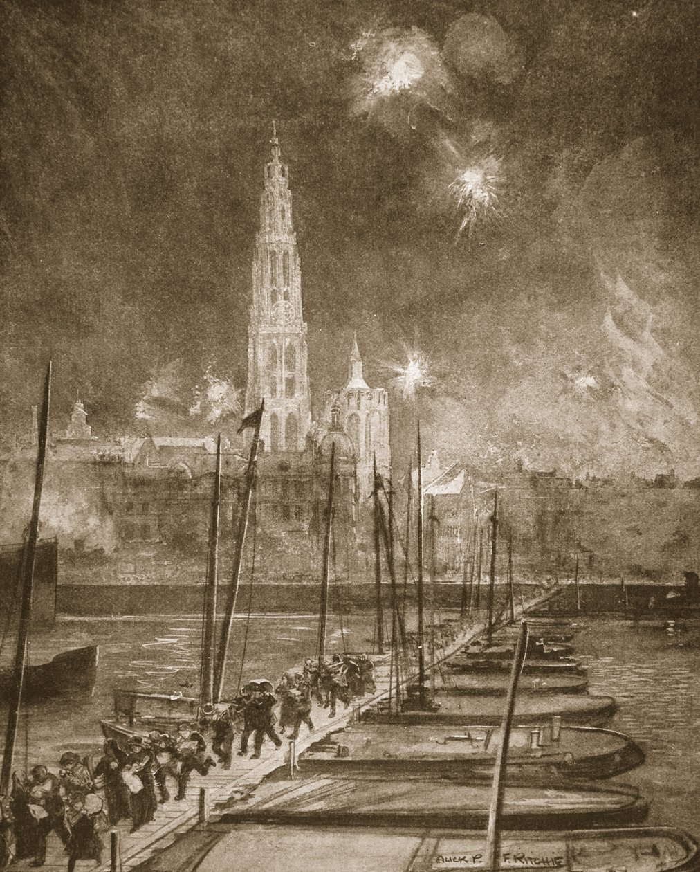 Rømlinger fra Antwerpen krysser Pontoon Bridge over Schelde av Alick P. F. Ritchie
