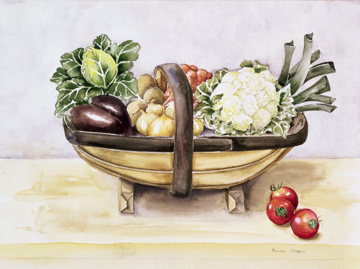 Stilleben med en trug av grønnsaker, 1996 av Alison Cooper