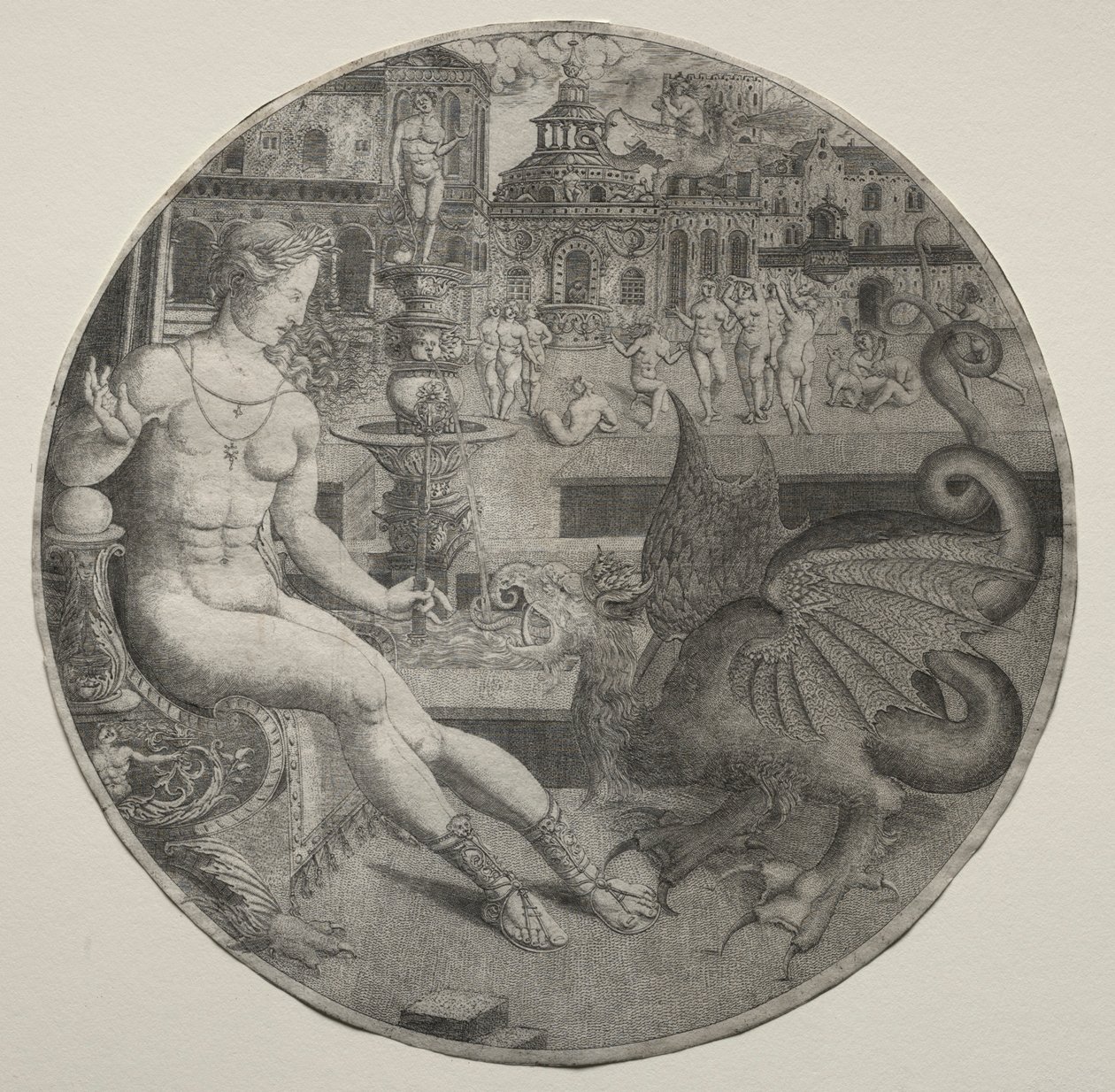 Naken kvinne og en drage, 1523. av Allaert Claesz