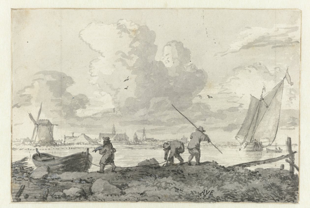 Fiskere med robåten sin på Spaarne ved Haarlem av Allaert van Everdingen