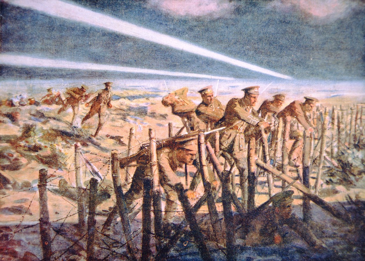 Britiske soldater kutter tysk piggtrådforsvar om natten på vestfronten (farge litho) av Allan (after) Stewart