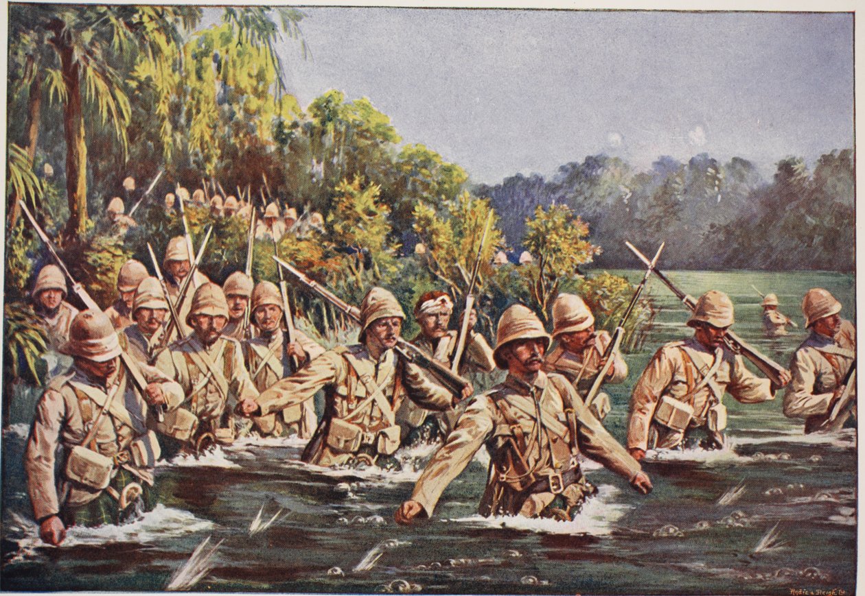 Argyll og Sutherland Highlanders krysser Modder River, illustrasjon fra 