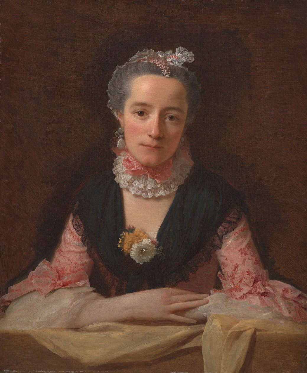 Dame i rosa silkekjole av Allan Ramsay