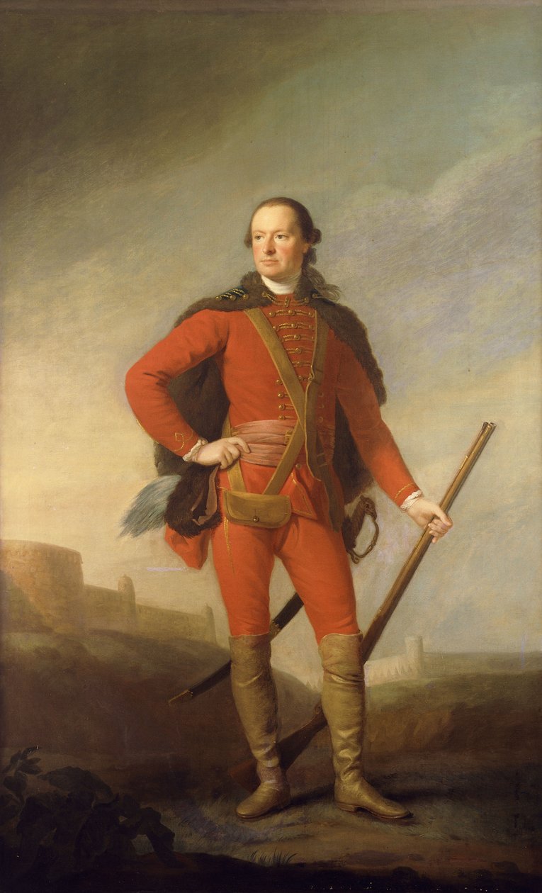 Portrett av Charles, 5. jarl av Elgin og 9. jarl av Kincardine, stående i full lengde i et skarlagenrødt kostyme og pelstrimmet kappe som holder en muskett i et romantisk landskap med et slott bortenfor, av Allan Ramsay