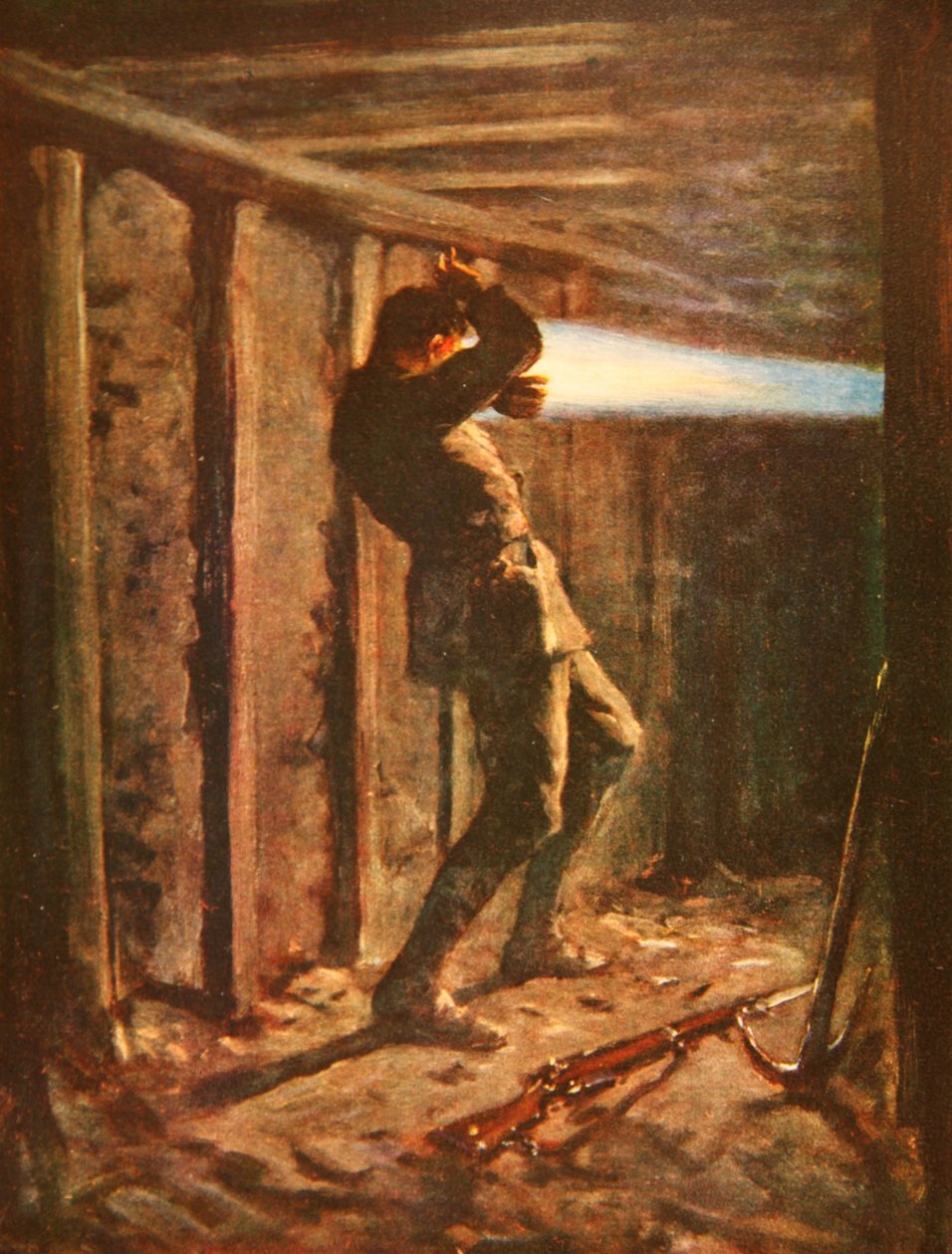 En tunge av blå flamme som skyter ut fra fiendens side av et gruvegalleri, og brenner alvorlig Private Bytheway (farge litho) av Allan Stewart