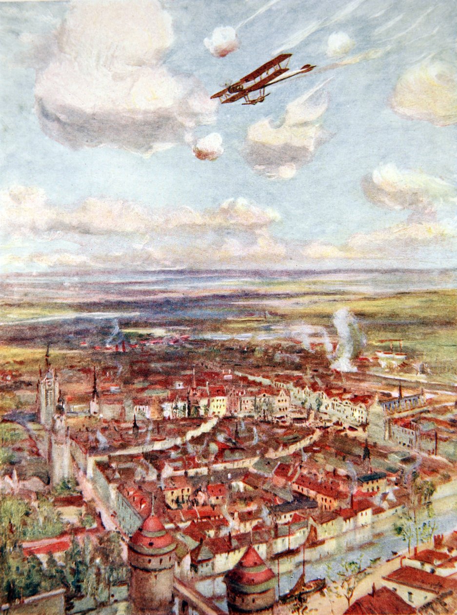 Løytnant Rhodes-Moorhouse flyr over Courtrai for å bombe jernbanen (farge litho) av Allan Stewart