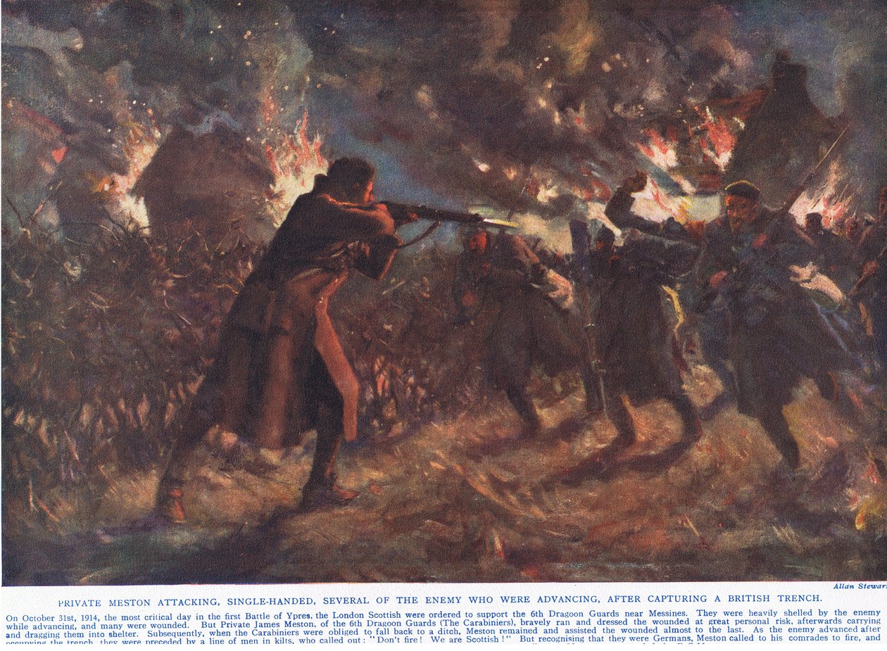 Menig Meston angrep, på egenhånd, flere av fienden som rykket frem, etter å ha erobret en britisk skyttergrav, illustrasjon fra 'Deeds that Thrill the Empire', utgitt av Hutchinson & Co., ca. 1920 (farge litho) av Allan Stewart