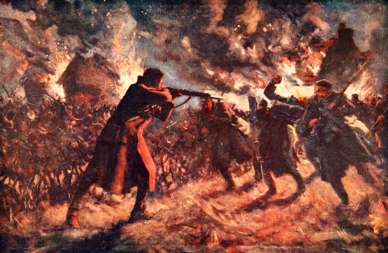Menig Meston angrep, på egenhånd, flere av fienden som rykket frem, etter å ha erobret en britisk skyttergrav (farge litho) av Allan Stewart