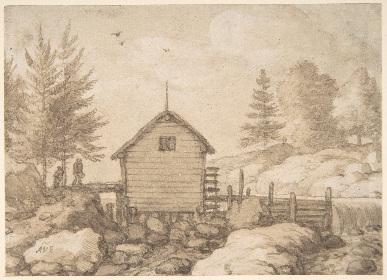 En mølle på klipper i en elv i Norge av Allart van Everdingen