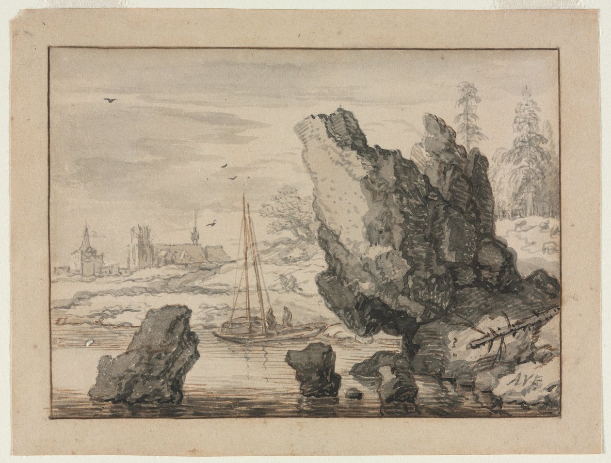 En steinete vik med fiskebåter av Allart van Everdingen