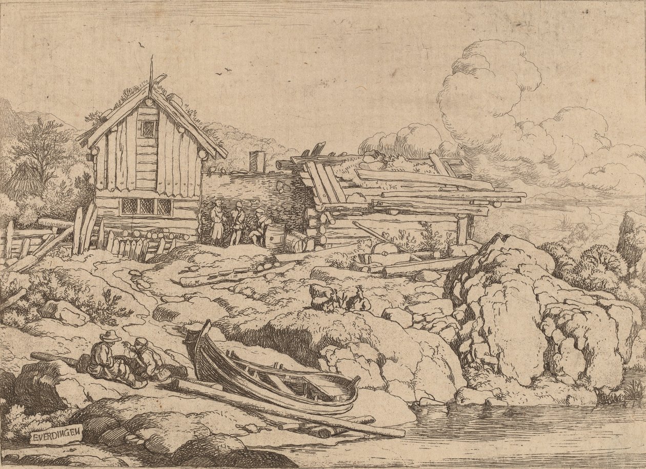 Båt ved en elvebredd med tre geiter, sannsynligvis ca. 16451656. av Allart van Everdingen