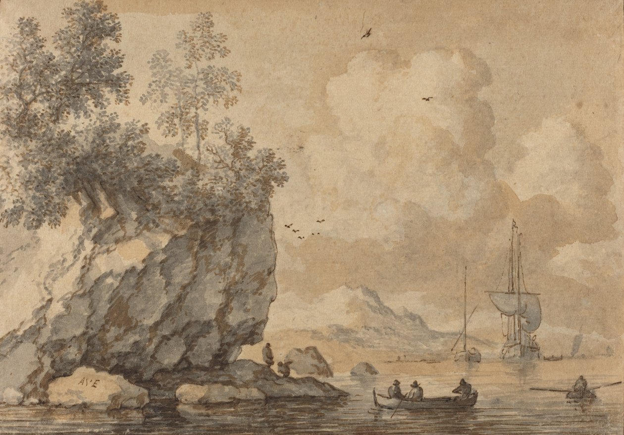Figures in Rowing Boats in a Rocky Cove, Sailing Ships Beyond.    1193065   no       norwegian Successfully Translated  Original: A Low Class Prostitute (Gun [teppo]), from the series “Five Shades of Ink in the Northern Quarter" ("Hokkoku goshiki-zumi") Tr av Allart van Everdingen