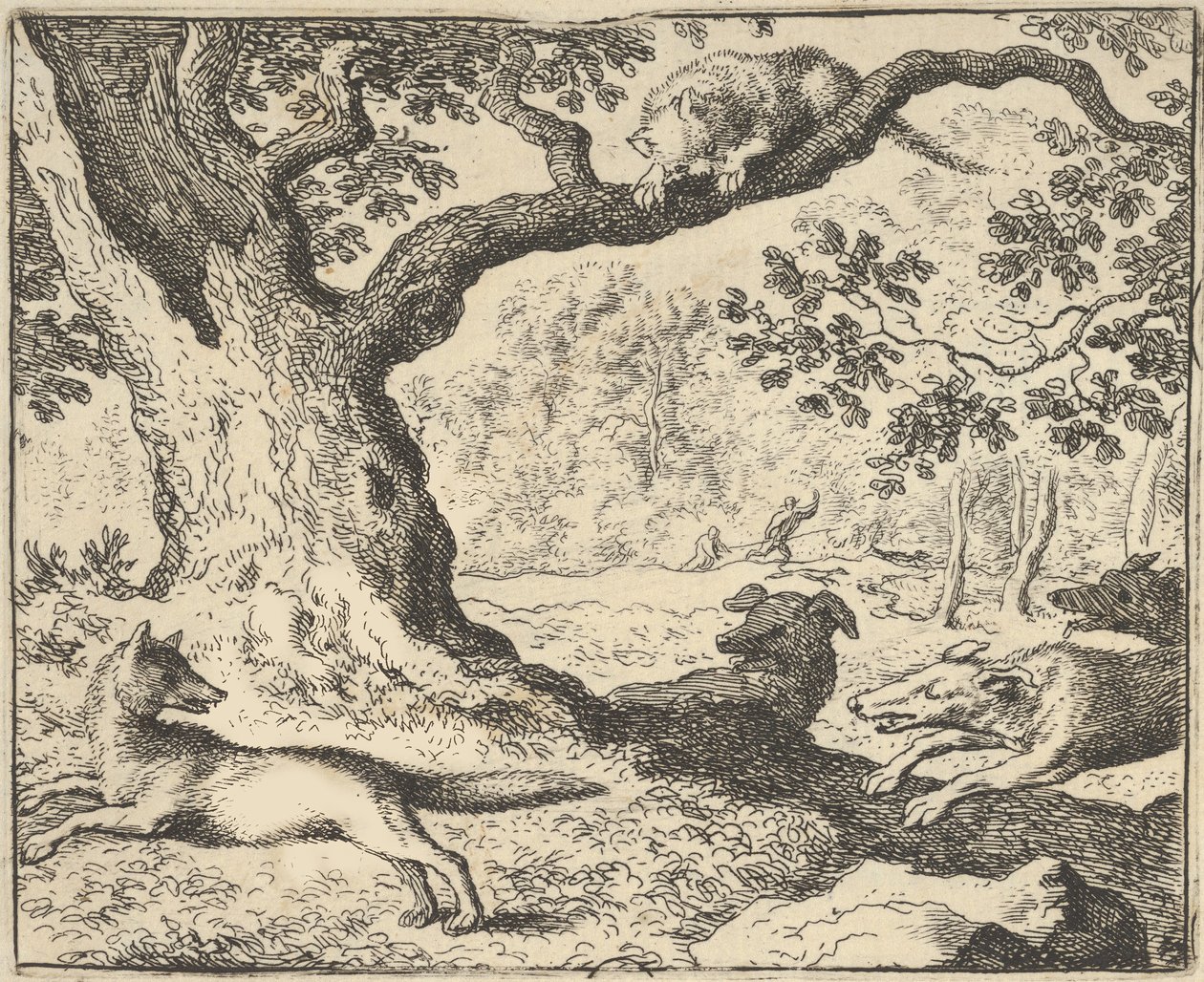 Etter Renards falske historie, blir hans far jaget av jakthunder fra Hendrick van ..., 1650-75. av Allart van Everdingen
