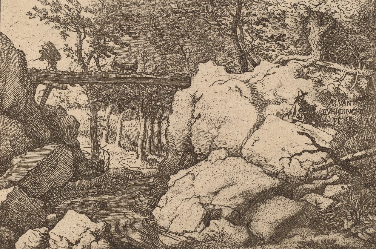 Geit på en liten bro, sannsynligvis ca. 16451656. av Allart van Everdingen