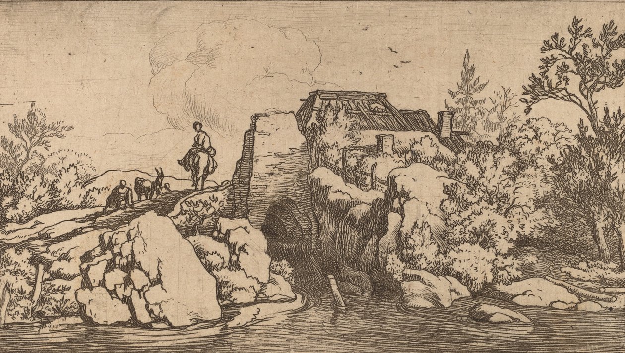 Rytter på en steinbro, sannsynligvis ca. 16451656. av Allart van Everdingen