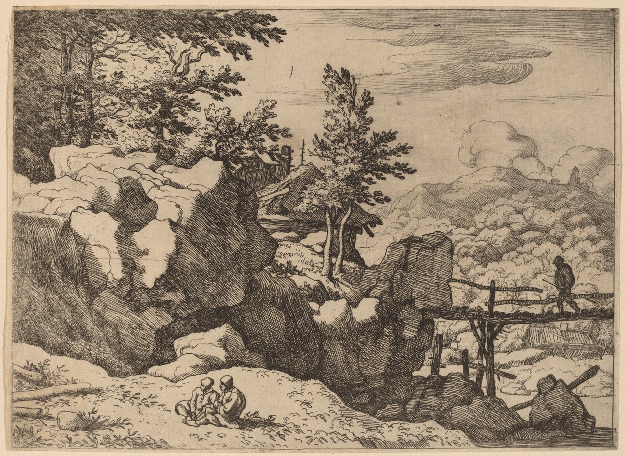 Mann på en liten trebro, sannsynligvis ca. 16451656. av Allart van Everdingen