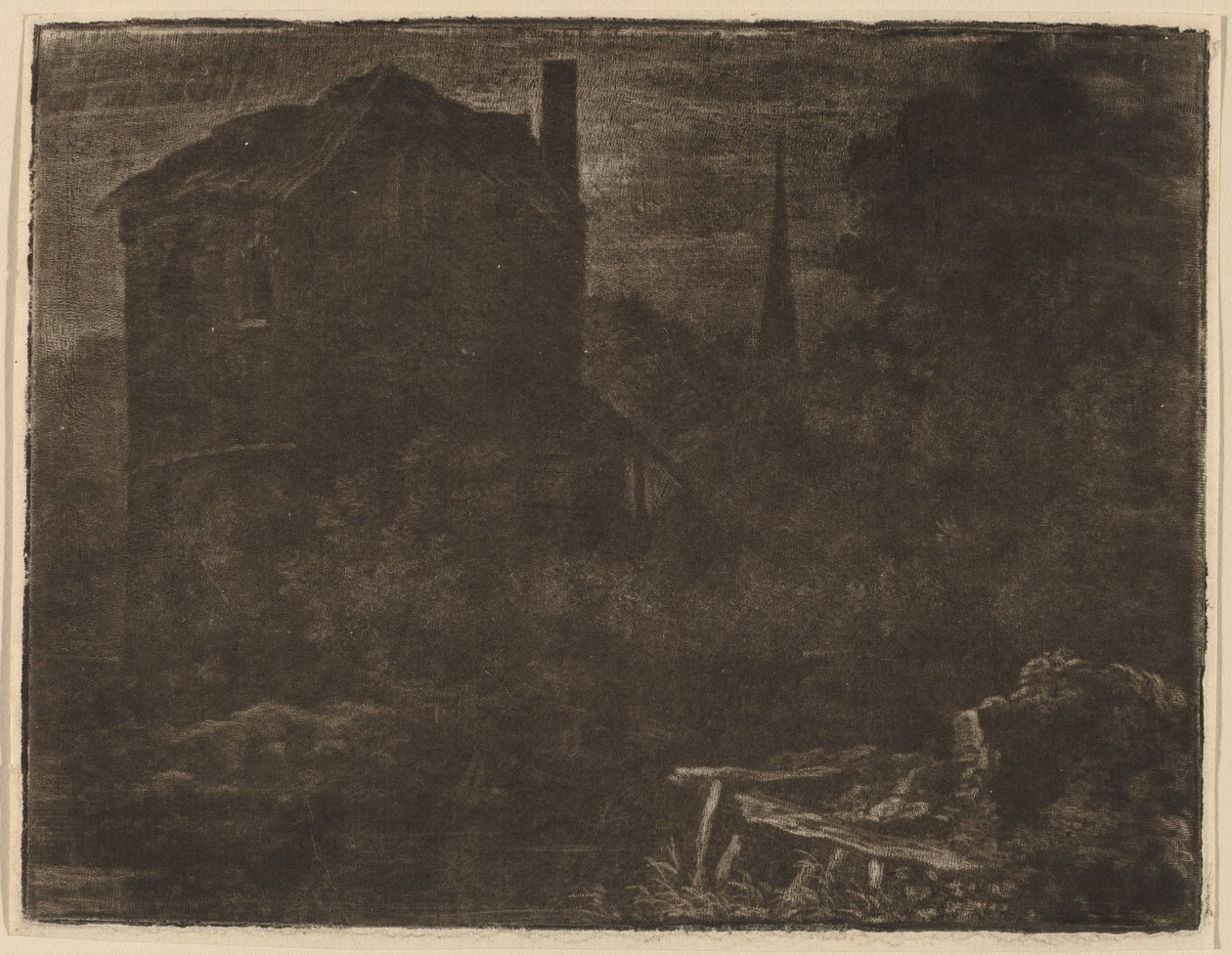 Nattlandskap med hus- og kirkespire, trolig ca. 1660. av Allart van Everdingen