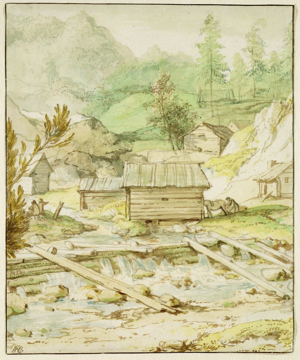 Nordisk landskap med trehytte og overløp (penn, pensel og wc på papir) av Allart van Everdingen