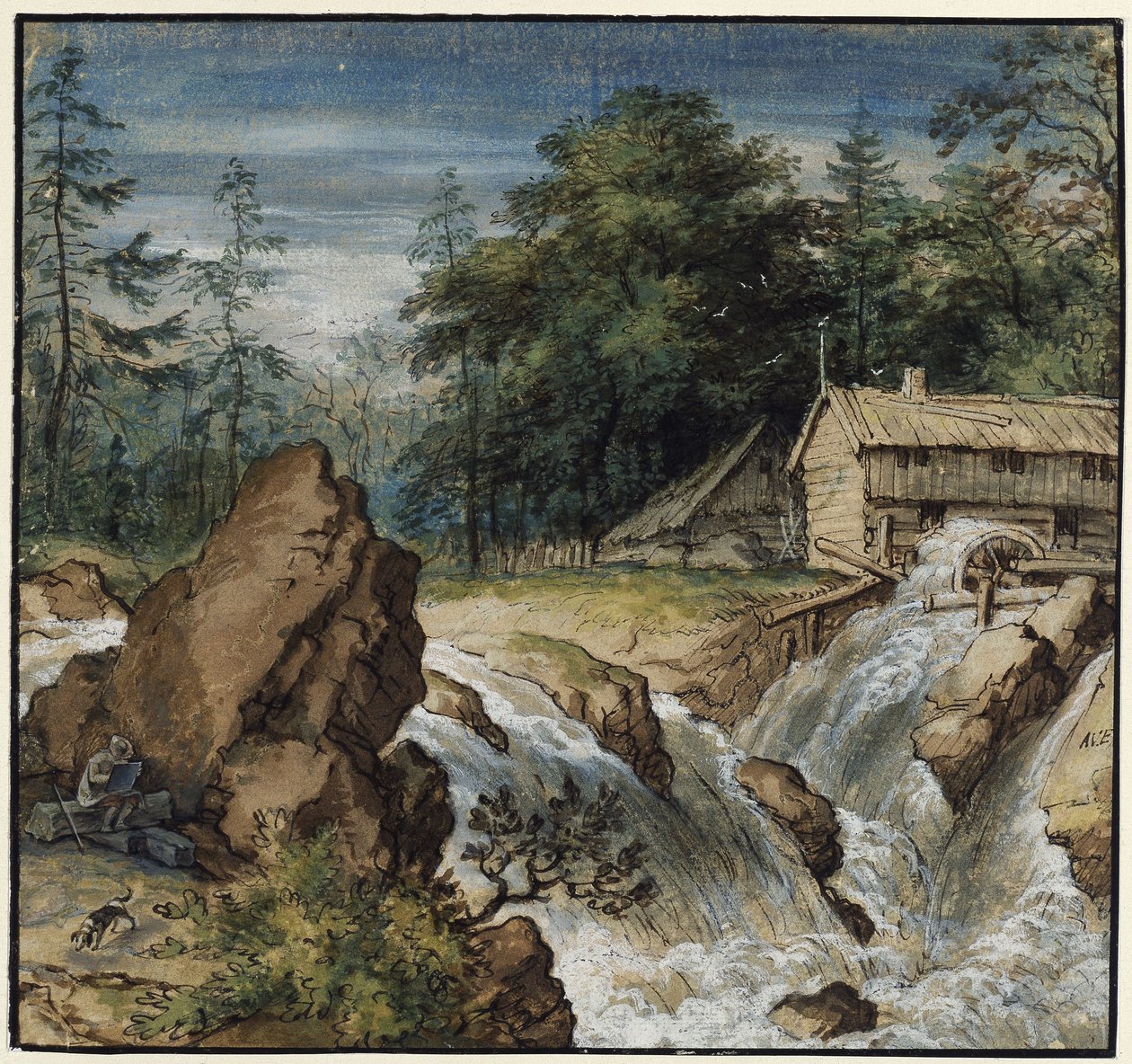 Nordisk landskap med en tegner ved en foss av Allart van Everdingen
