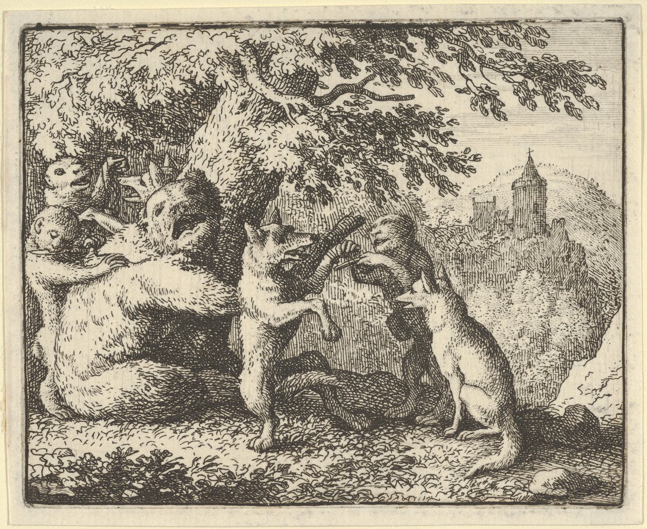 På løvens ordre, et stykke hud er tatt fra bjørnen, et stykke av forpotene..., 1650-75. av Allart van Everdingen