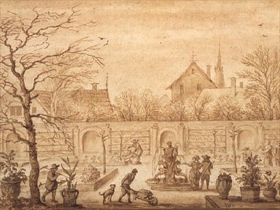 PD.326-1963 Utsikt over en nederlandsk hage, ca. 1650-60 (blekk og vask) av Allart van Everdingen