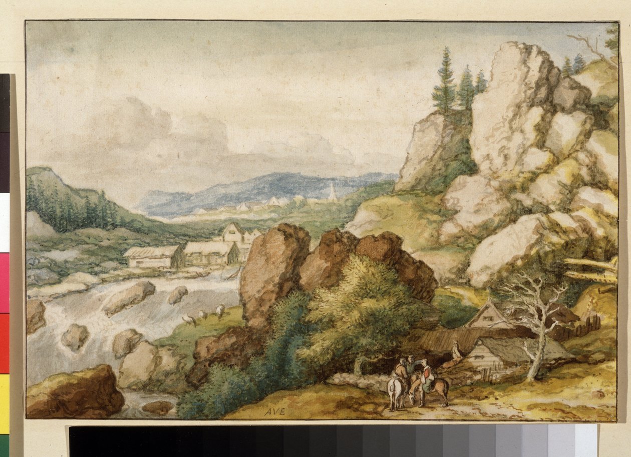 ""Landskap med tre ryttere"" (Landskap med tre ryttere) Akvarell av Allaert Pietersz van Everdingen (1621-1675) Pushkin-museet, Moskva av Allart van Everdingen
