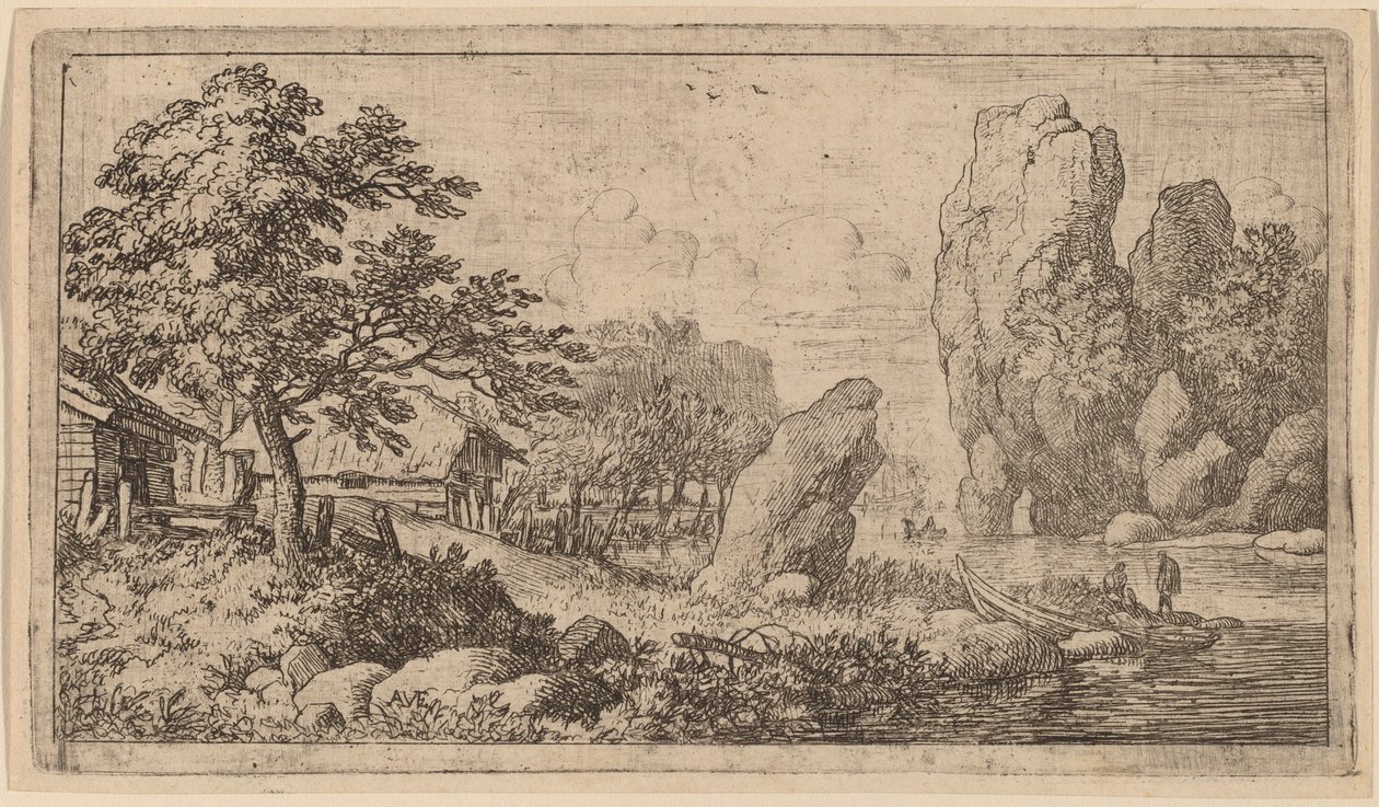 Spiss steinblokk ved bredden av en elv, sannsynligvis ca. 16451656. av Allart van Everdingen