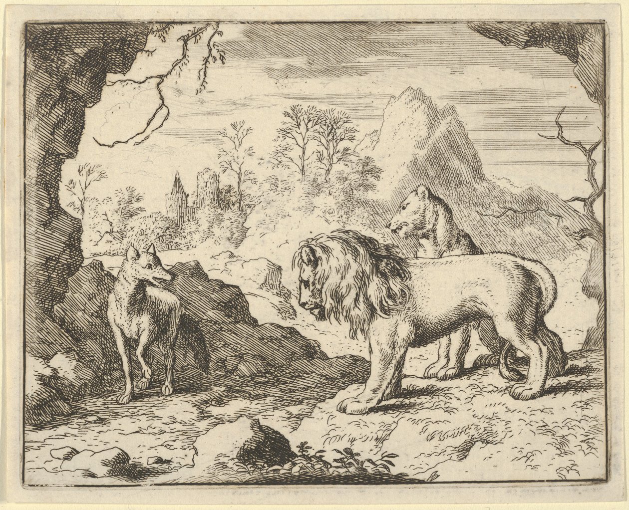 Renard overbeviser løven og løvinnen om å finne en skatt faren stjal fra dem ..., 1650-75. av Allart van Everdingen