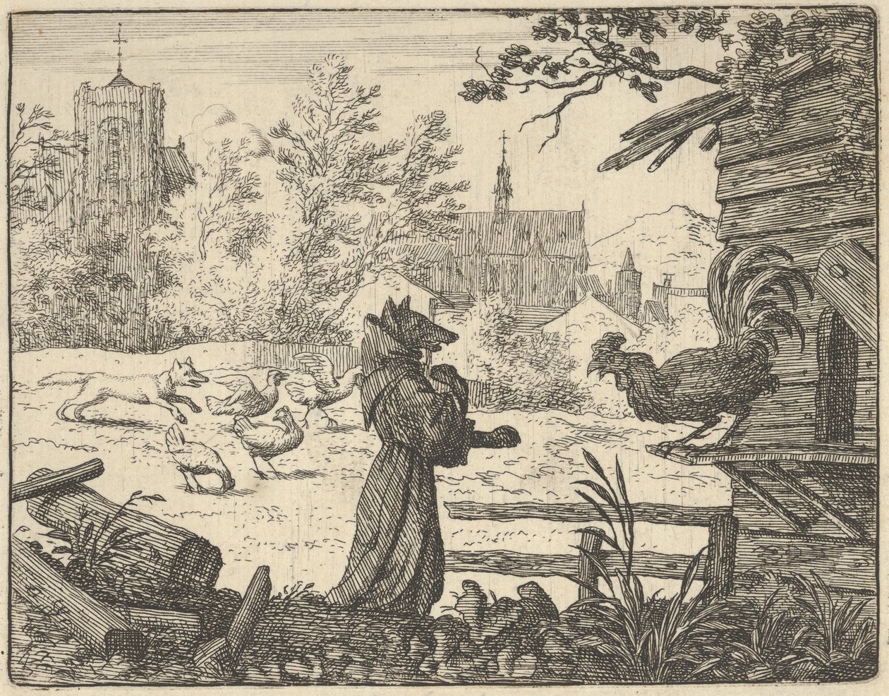 Renard, forkledd som en munk, får hanens tillit, 1650-75. av Allart van Everdingen