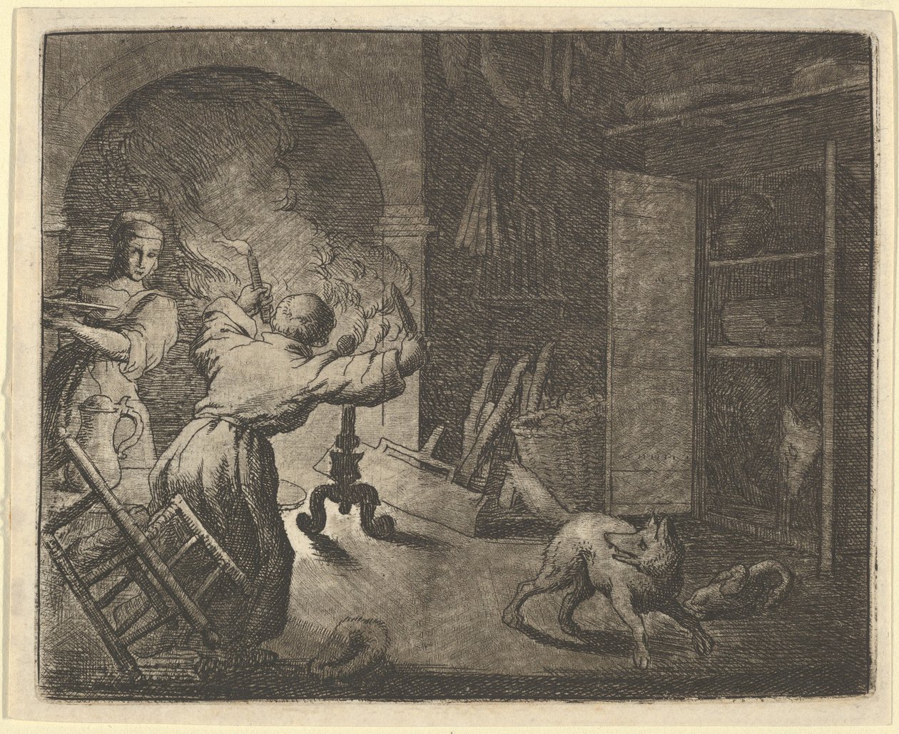 Renard rømmer med en kylling som han stjal fra et prestebord, 1650-75. av Allart van Everdingen