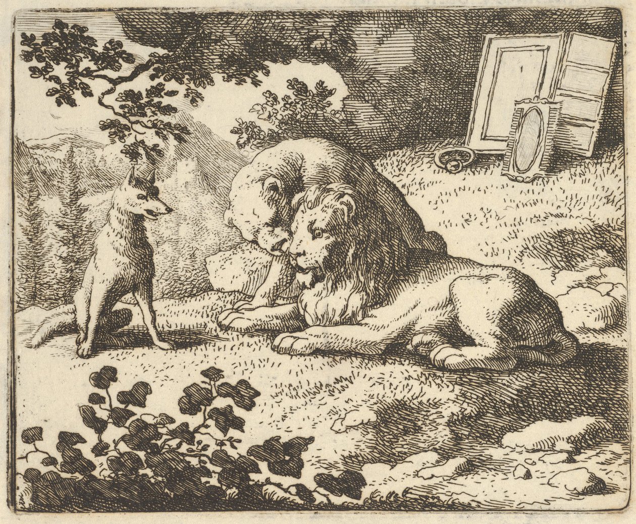 Renard lyver at han ga væren forskjellige dyrebare gjenstander som var ment for løven ..., 1650-75. av Allart van Everdingen