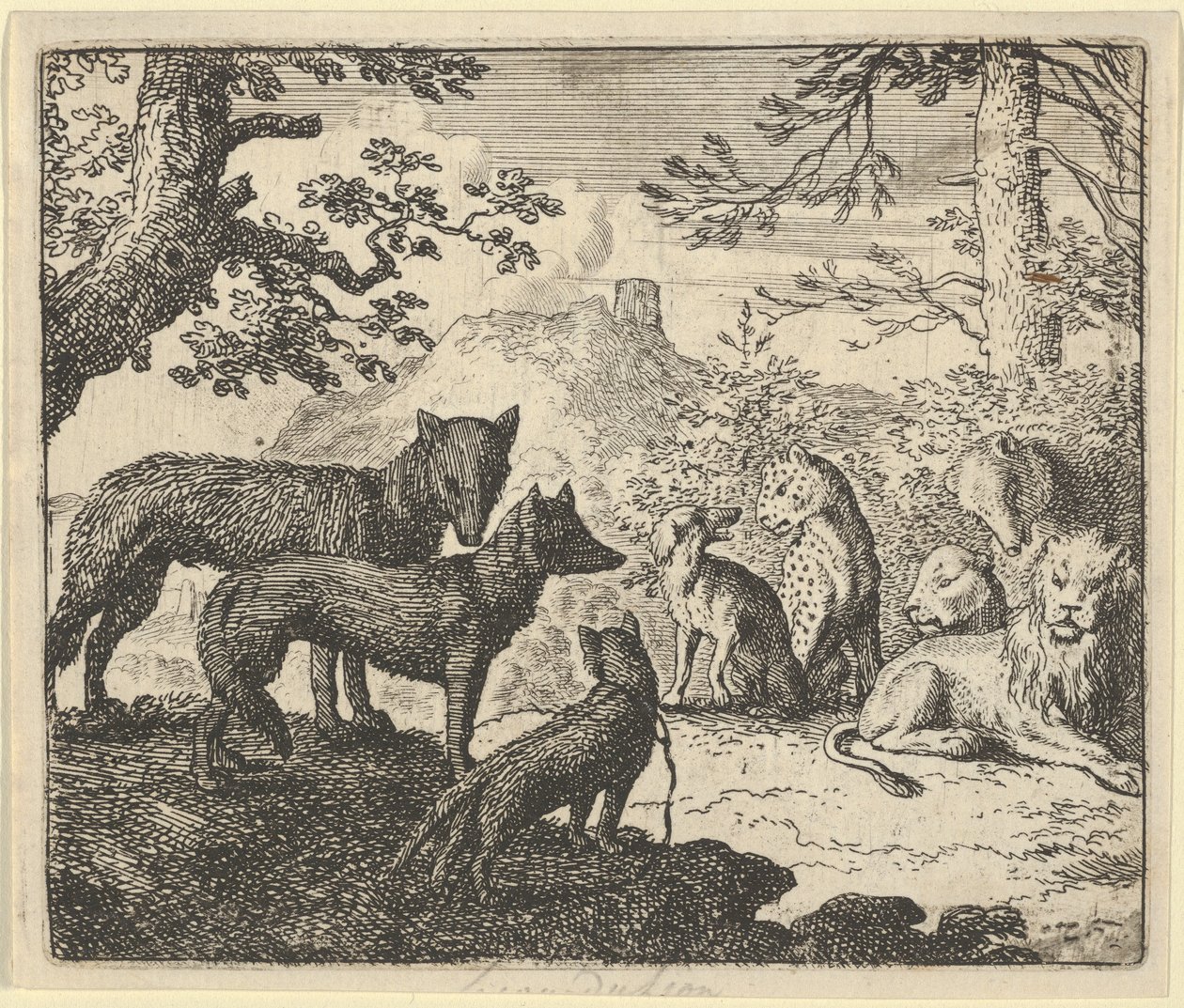 Renards foreldre ber om å få trekke seg tilbake fra hoffet, fra Hendrick van Alcmars «Renard reven» av Allart van Everdingen