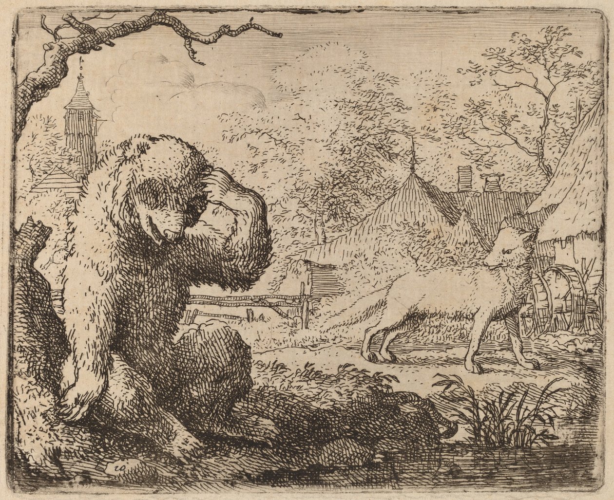 Reynard håner den sørgelige bjørnen, sannsynligvis ca. 16451656. av Allart van Everdingen