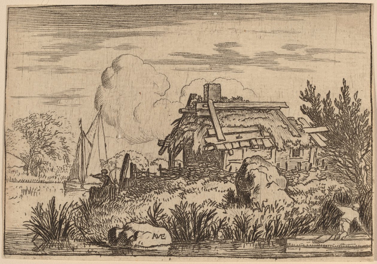 Ødelagt hytte, omgitt av vann, sannsynligvis ca. 16451656. av Allart van Everdingen