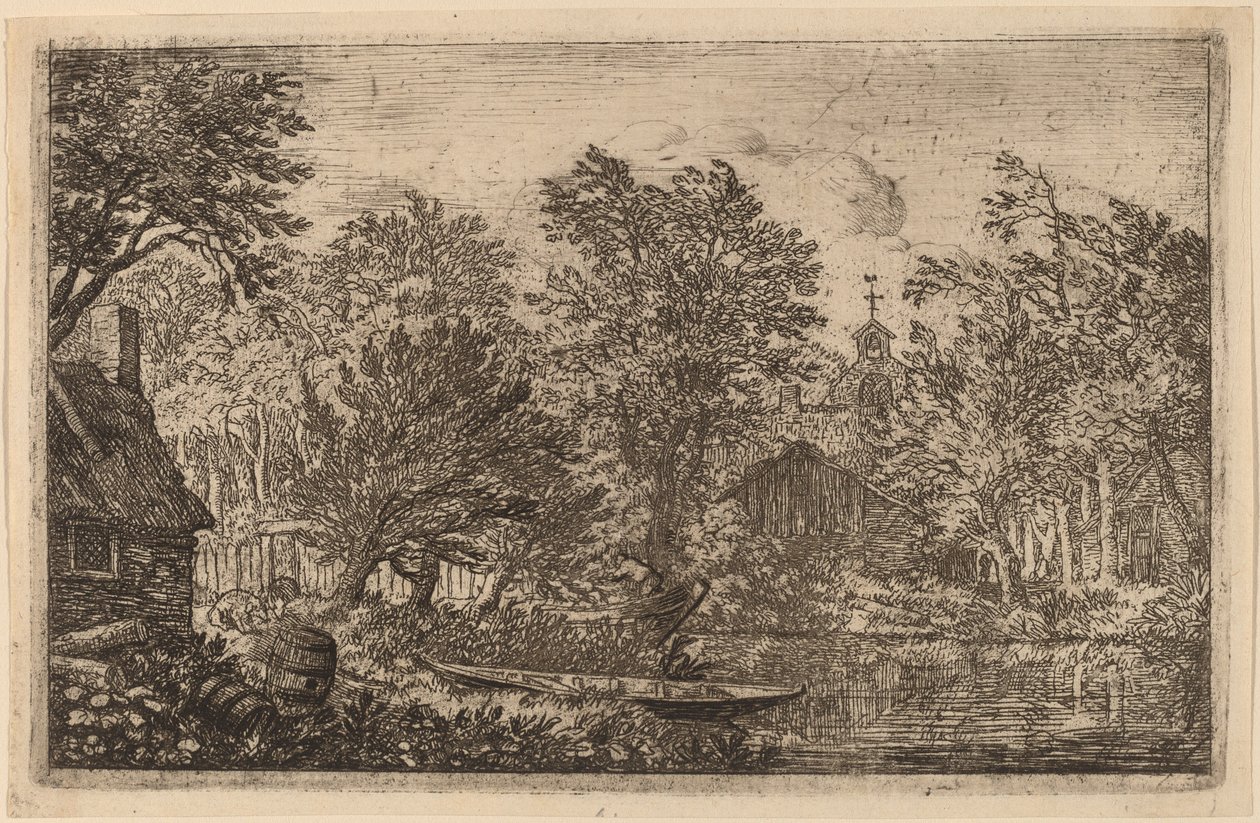 Skiff ved en elvebredd, sannsynligvis ca. 16451656. av Allart van Everdingen