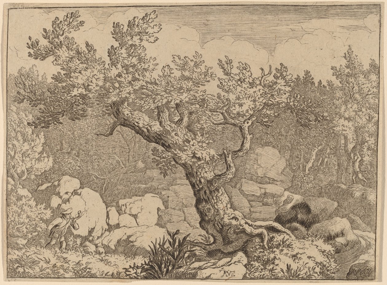Sportsmann nær et stort tre, sannsynligvis ca. 16451656. av Allart van Everdingen